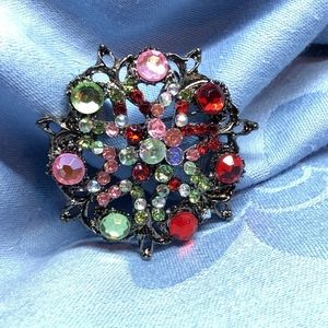 Light Green, Pink, Red and Clear Rhinestone Brooch